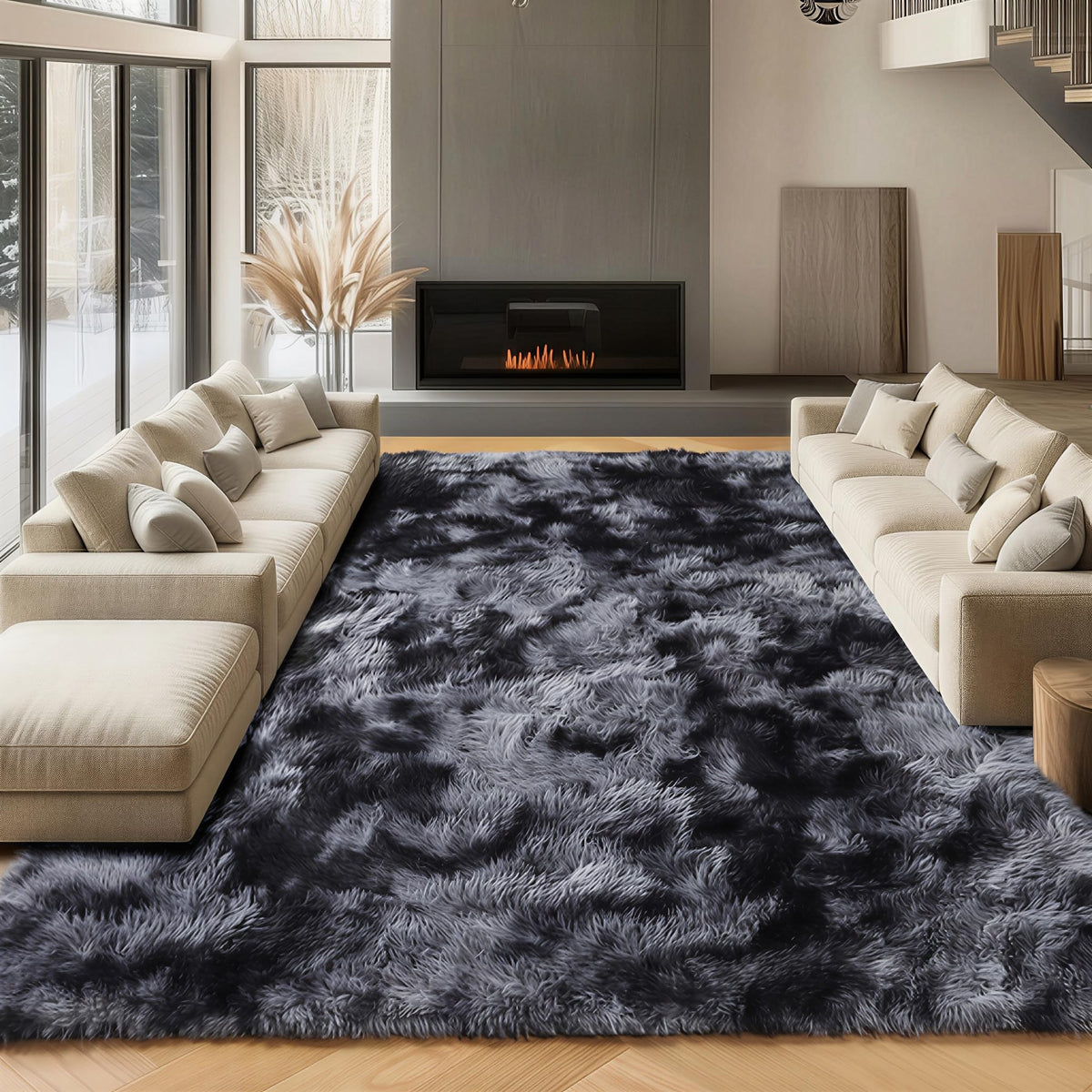 Area Rugs for Living Room Bedroom, 5x8 Fluffy Tie-Dyed Light Grey Shag Rug