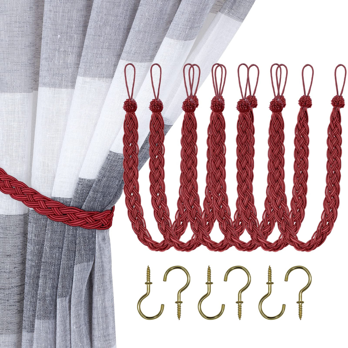 Home Queen Handwoven Rope Curtain Tiebacks for Drapes, 2 Pack Rope Holdbacks with Hooks, 23 Inch Long Polyester and Cotton Braided Tie Backs for Thick and Sheer Curtains,Navy and Silver