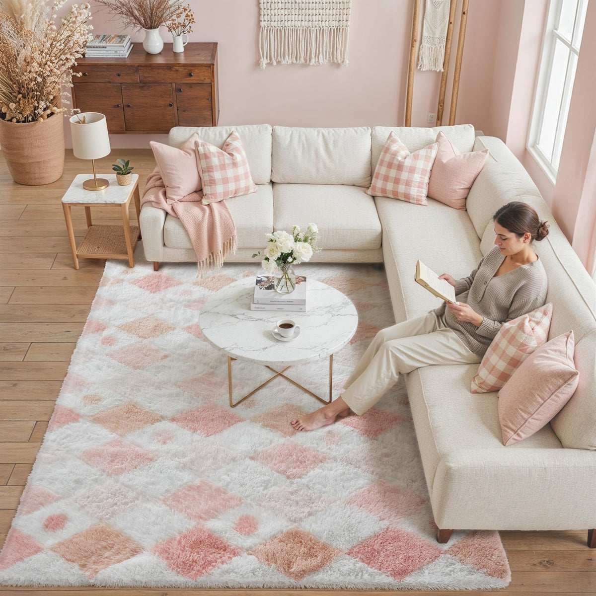 PureCozy Beige 8x10 Area Rug for Living Room Soft Checkered Shag Carpet