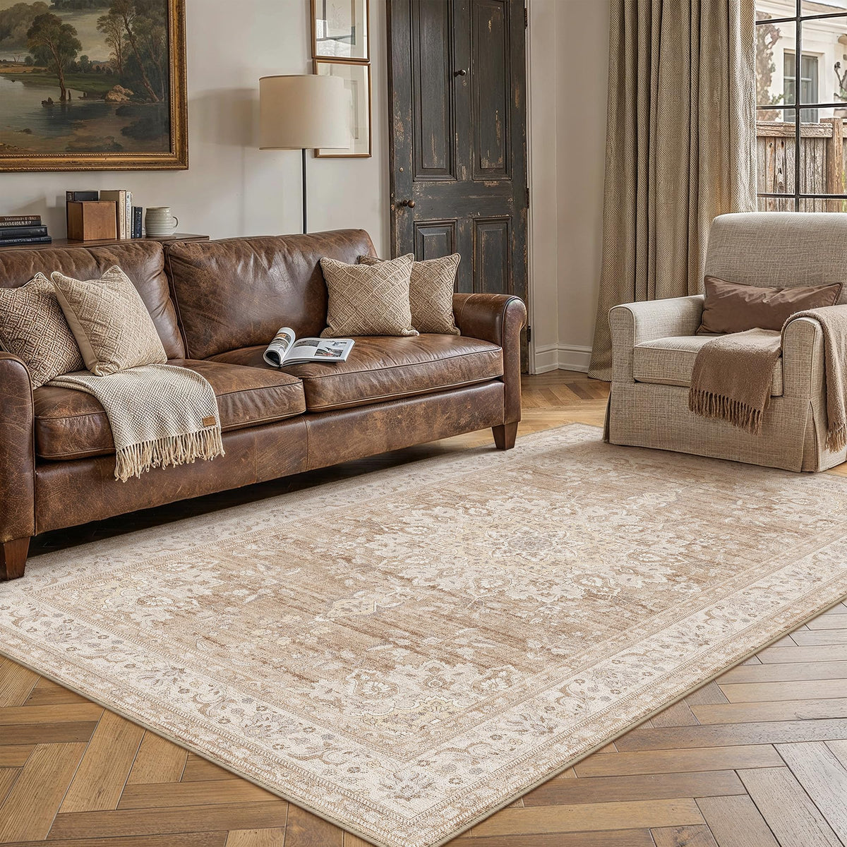 PureCozy 8x10 Neutral Area Rug Living Room Ivory Beige Vintage Medallion