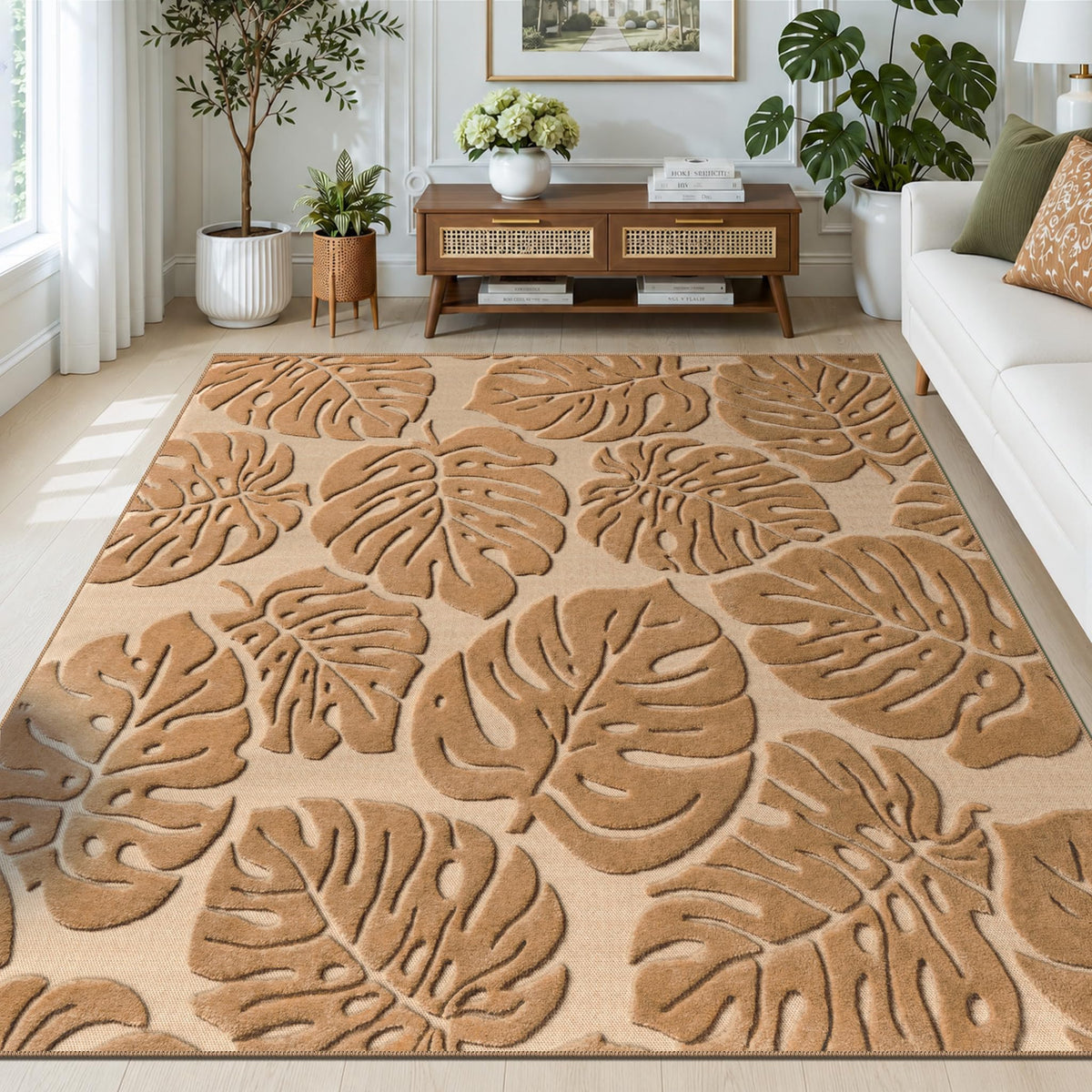 Arenarug Sage Green Monstera 5x7 Area Rugs High-Low Plush Pile Washable