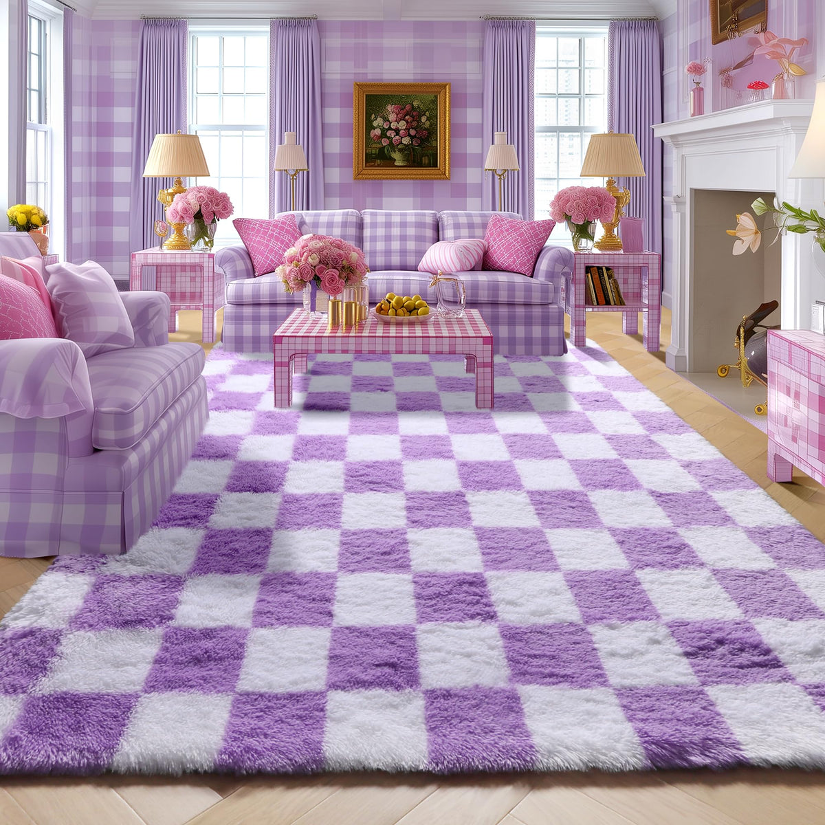 KICMOR Area Rugs 8x10 for Living Room, Large Fluffy Beige and Cream White Checkered Rug Big Fuzzy Shag Shaggy Carpets for Bedroom, Soft Plush Furry Rug for Boy Girls Room Dorm Home Decor Aesthetic