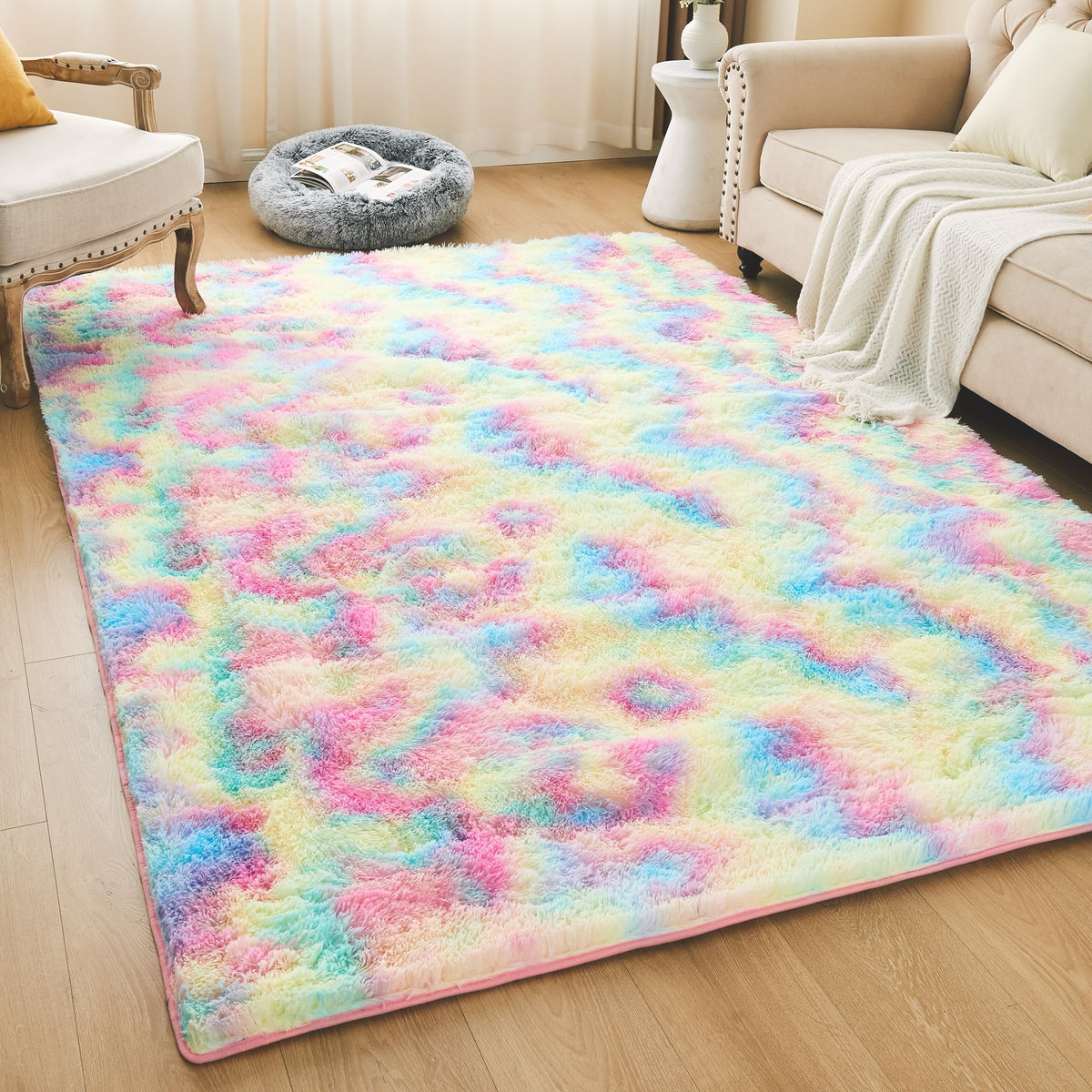 Litanika 5x8 Shag Area Rug for Bedroom, Tie-Dyed Beige Plush Rug