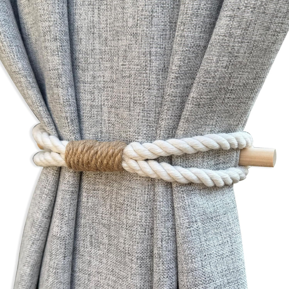 Curtain Holdbacks Boho Tiebacks for Drapes, Farmhouse Jute Rope Cotton Tie Backs with Rustic Wood Club, Curtain Accessories Holders for Indoor Outdoor Use, Set of 4
