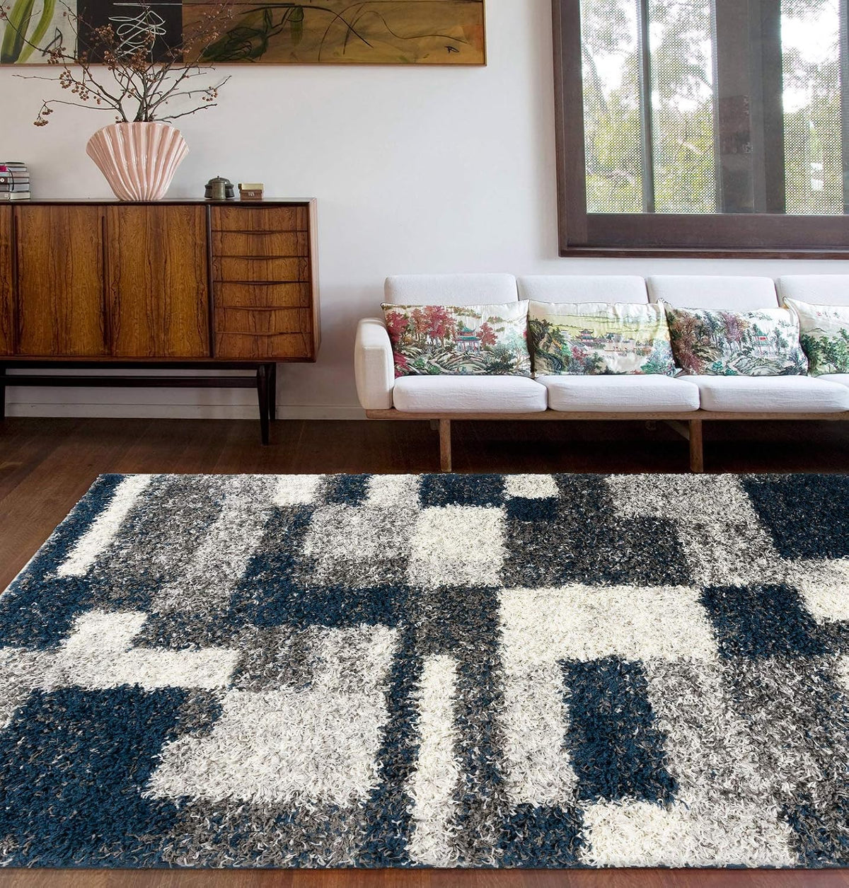 Rugshop Modern Boxes Distressed Shag Plush Soft Area Rug Navy 7'10" x 10'