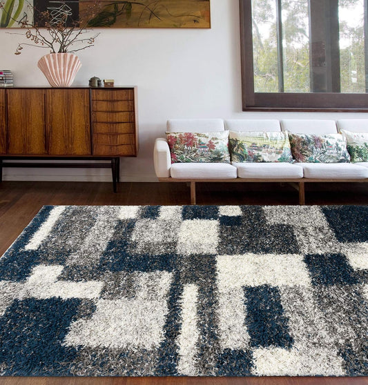 Rugshop Modern Boxes Distressed Shag Plush Soft Area Rug Navy 7'10" x 10'