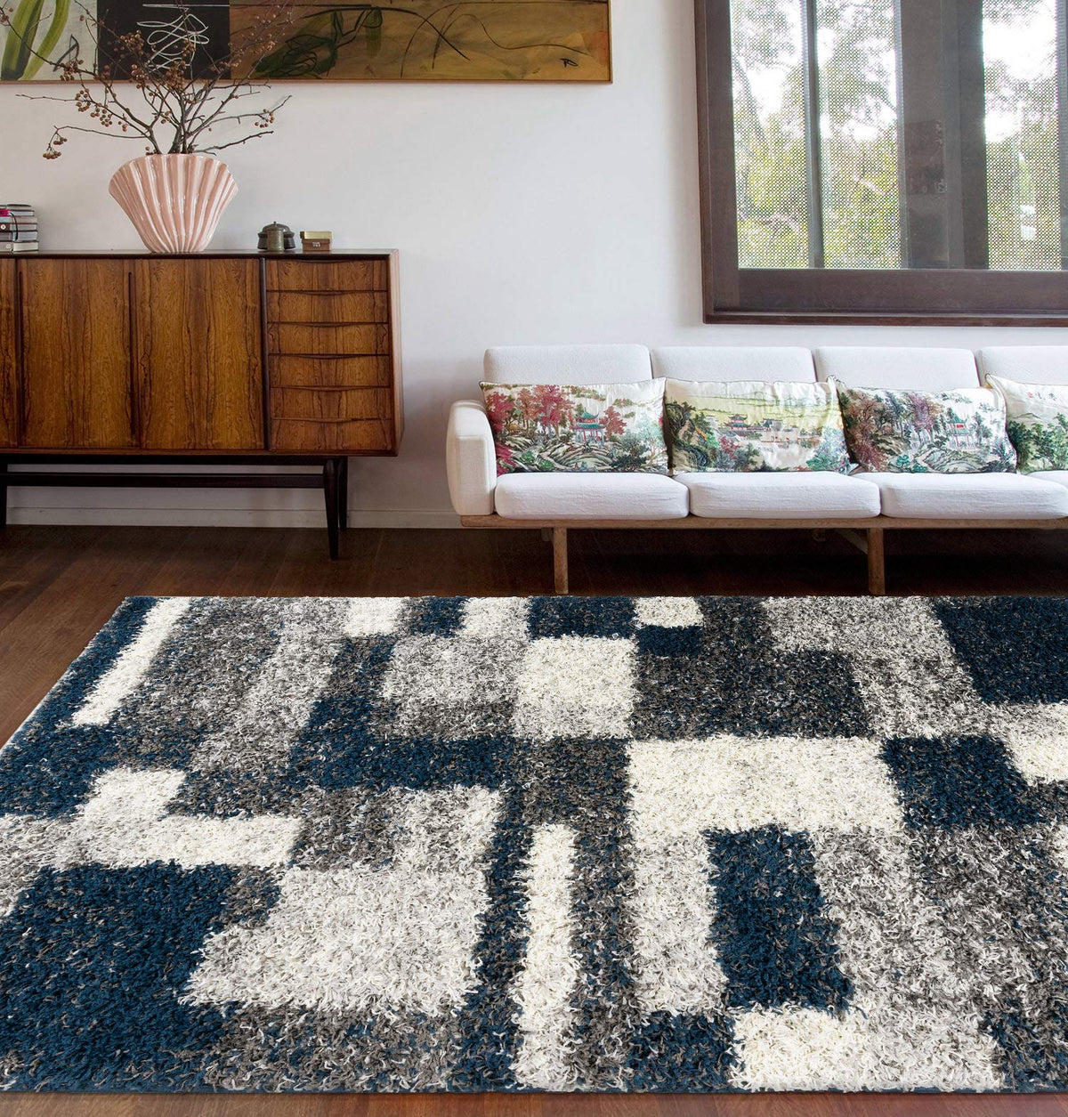 Rugshop Modern Boxes Distressed Shag Plush Soft Area Rug Navy 7'10" x 10'