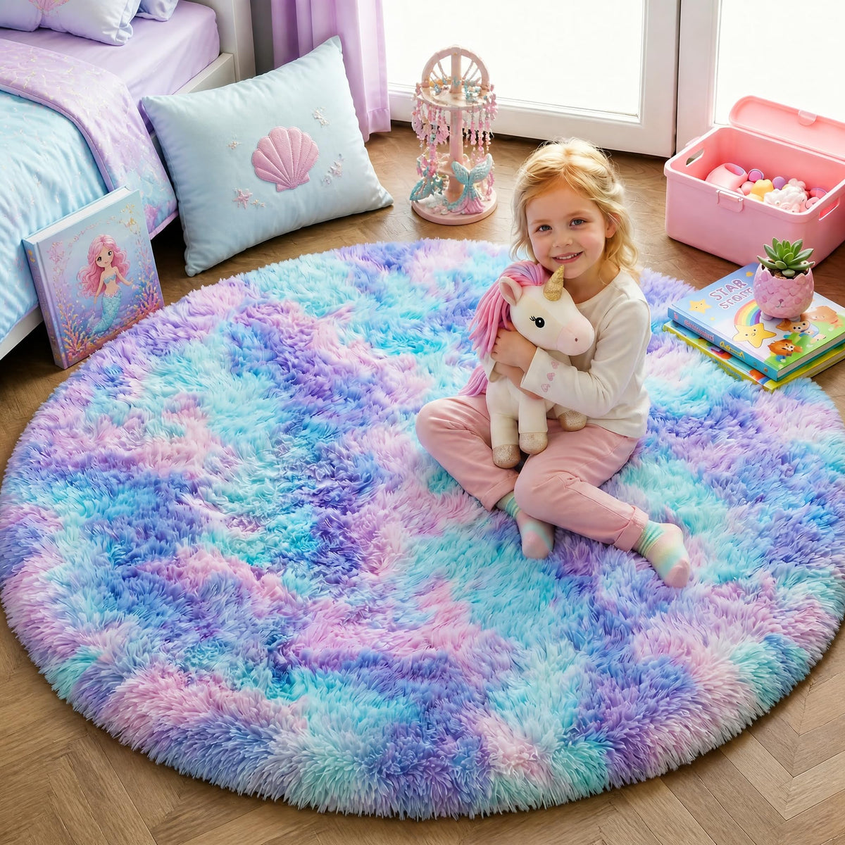 Pink Round Rug for Girls Bedroom 4Ft, Fluffy Shaggy Fuzzy Circle Area Rugs