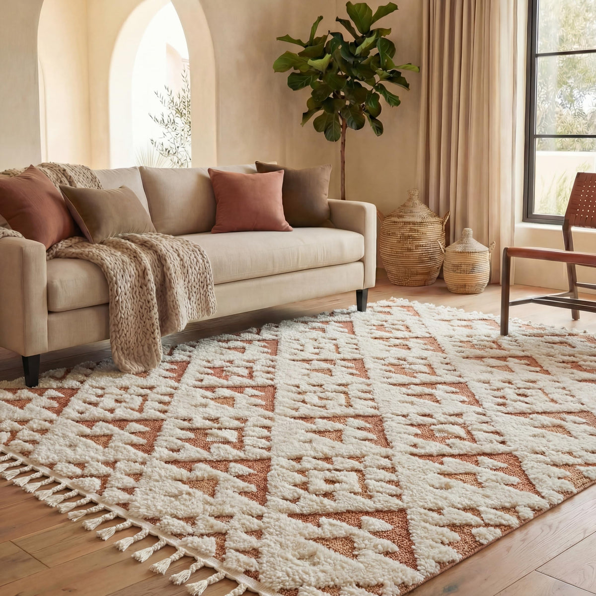 SAFAVIEH Moroccan Tassel Shag Rug 5'3"x7'6", Ivory & Brick Rust MTS688P