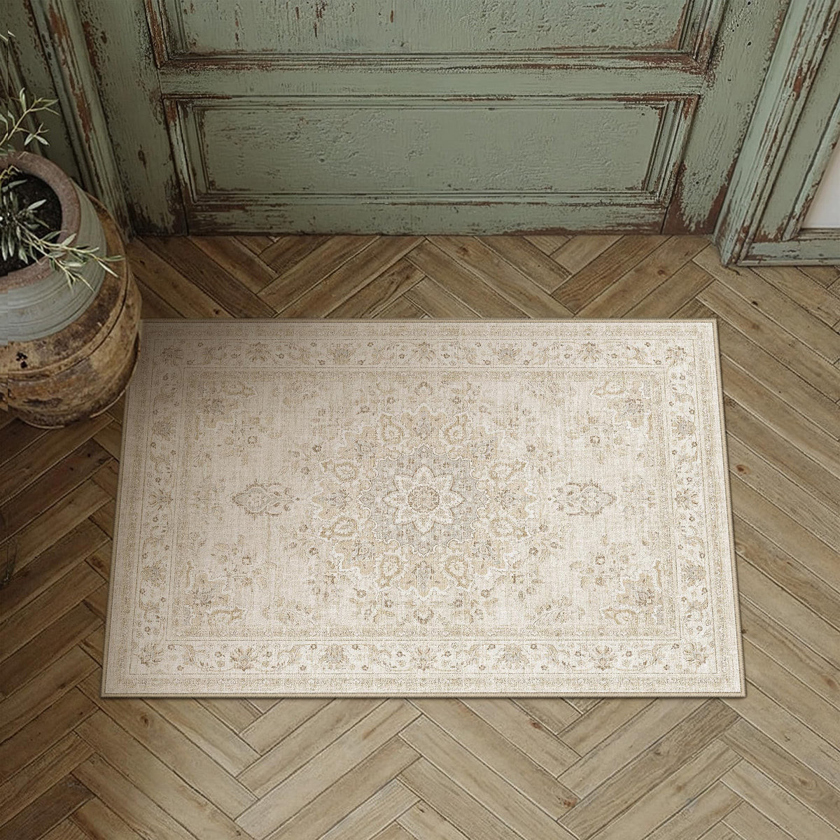 PureCozy 8x10 Neutral Area Rug Living Room Ivory Beige Vintage Medallion