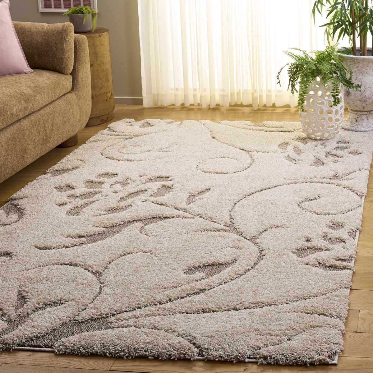 SAFAVIEH Area Rug 8x10 - Florida Shag Collection - Large - Smoke & Beige, Floral Design, Non-Shedding & Easy Cleaning, Plush Thick Pile, Ideal for Living Room, Bedroom, Dining Space (SG464-7913)