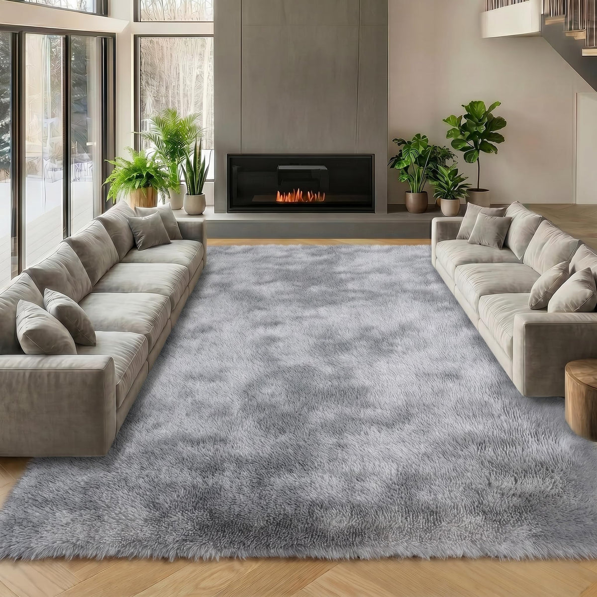 Area Rugs for Living Room Bedroom, 5x8 Fluffy Tie-Dyed Light Grey Shag Rug