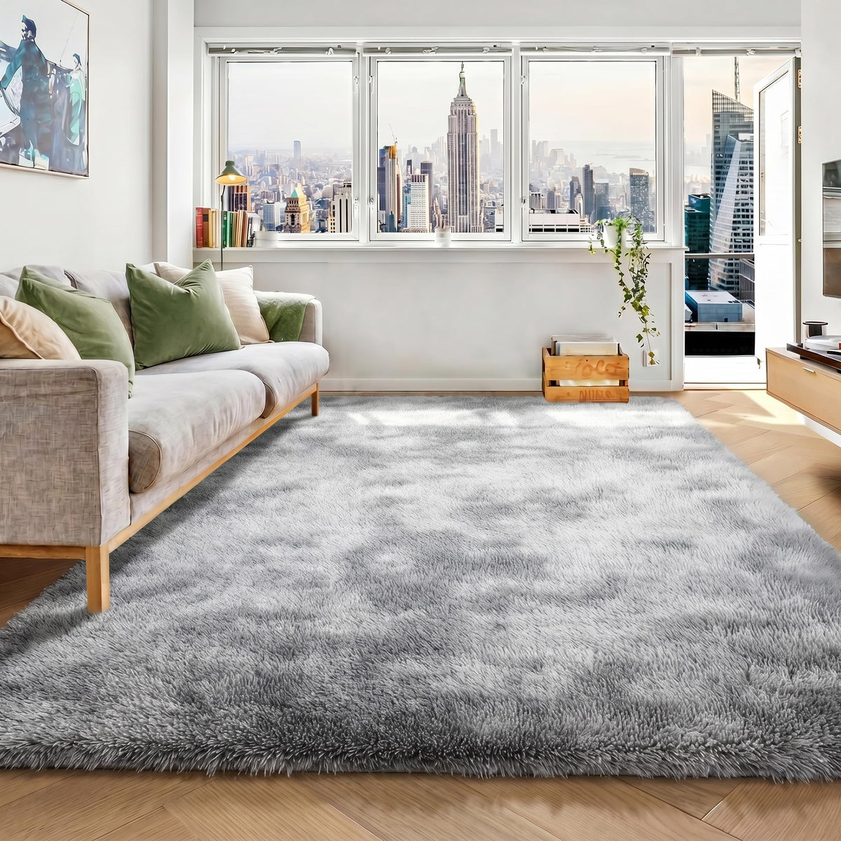 Area Rugs for Living Room Bedroom, 5x8 Fluffy Tie-Dyed Light Grey Shag Rug