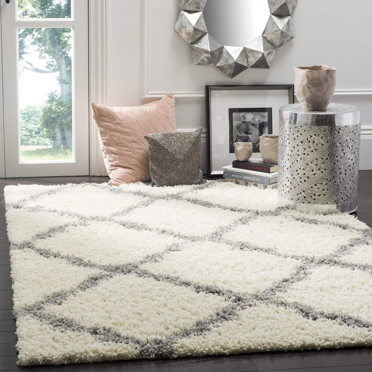 SAFAVIEH Dallas Shag Collection 8' x 10' Beige/Ivory SGD257D Trellis Non-Shedding Living Room Bedroom Dining Room Entryway Plush 1.5-inch Thick Area Rug