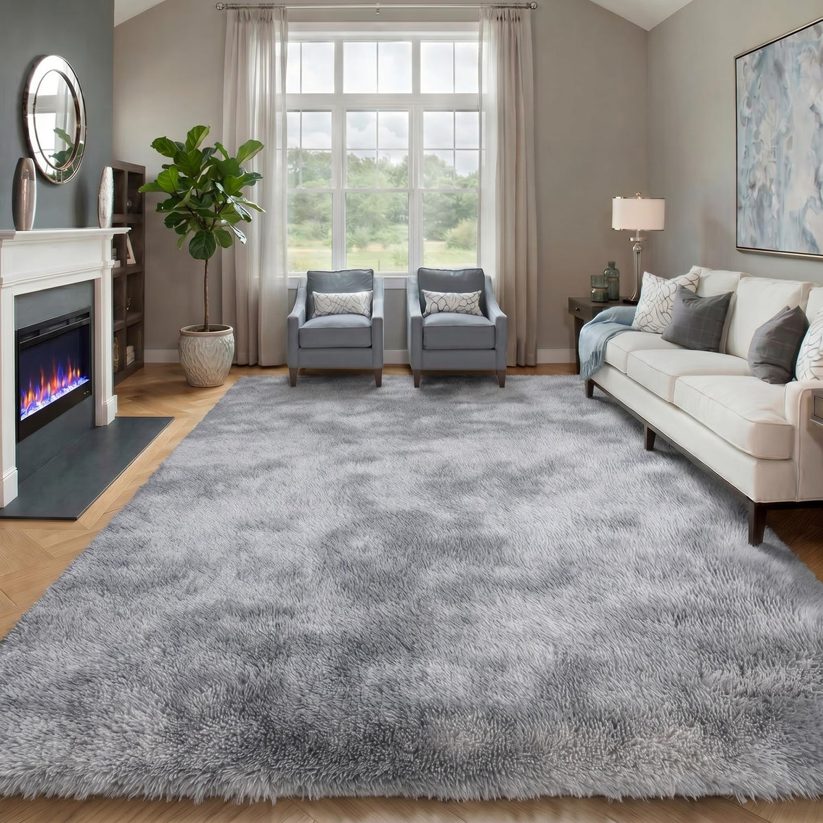 Area Rugs for Living Room Bedroom, 5x8 Fluffy Tie-Dyed Light Grey Shag Rug