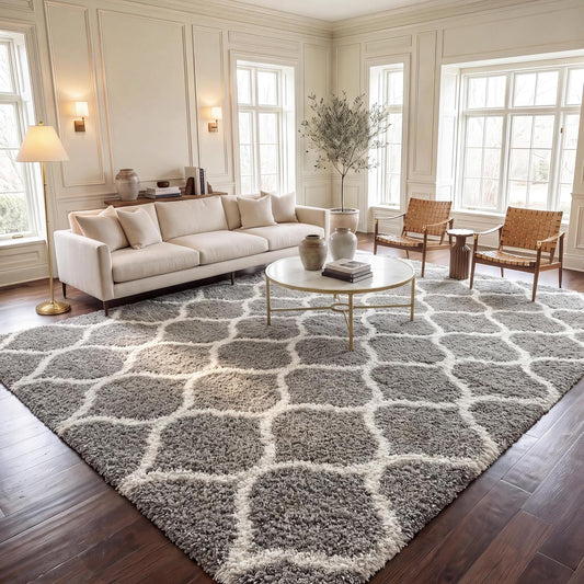 SAFAVIEH Hudson Shag Collection 9' x 12' Grey/Ivory SGH280B Moroccan Ogee Trellis Non-Shedding Living Room Bedroom Dining Room Entryway Plush 2-inch Thick Area Rug