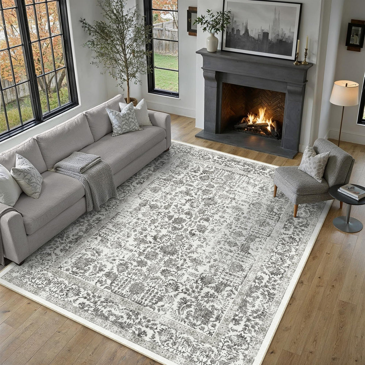 PureCozy Gray Area Rug 8x10 Vintage Floral