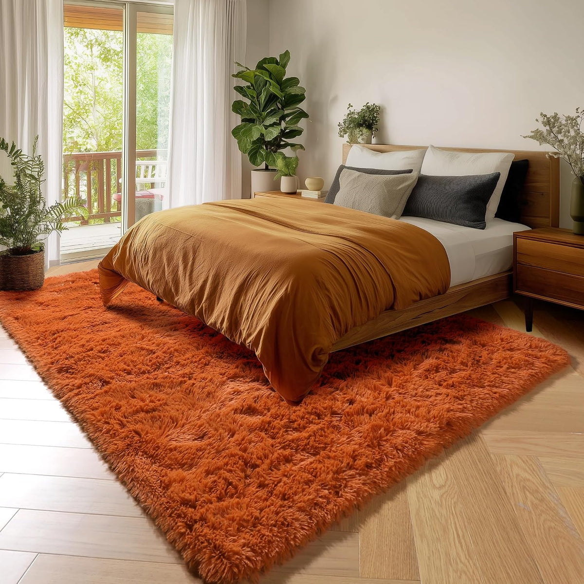 Amdrebio Burnt Orange Shag Plush Large Area Rug 6x9 for Living Room Bedroom