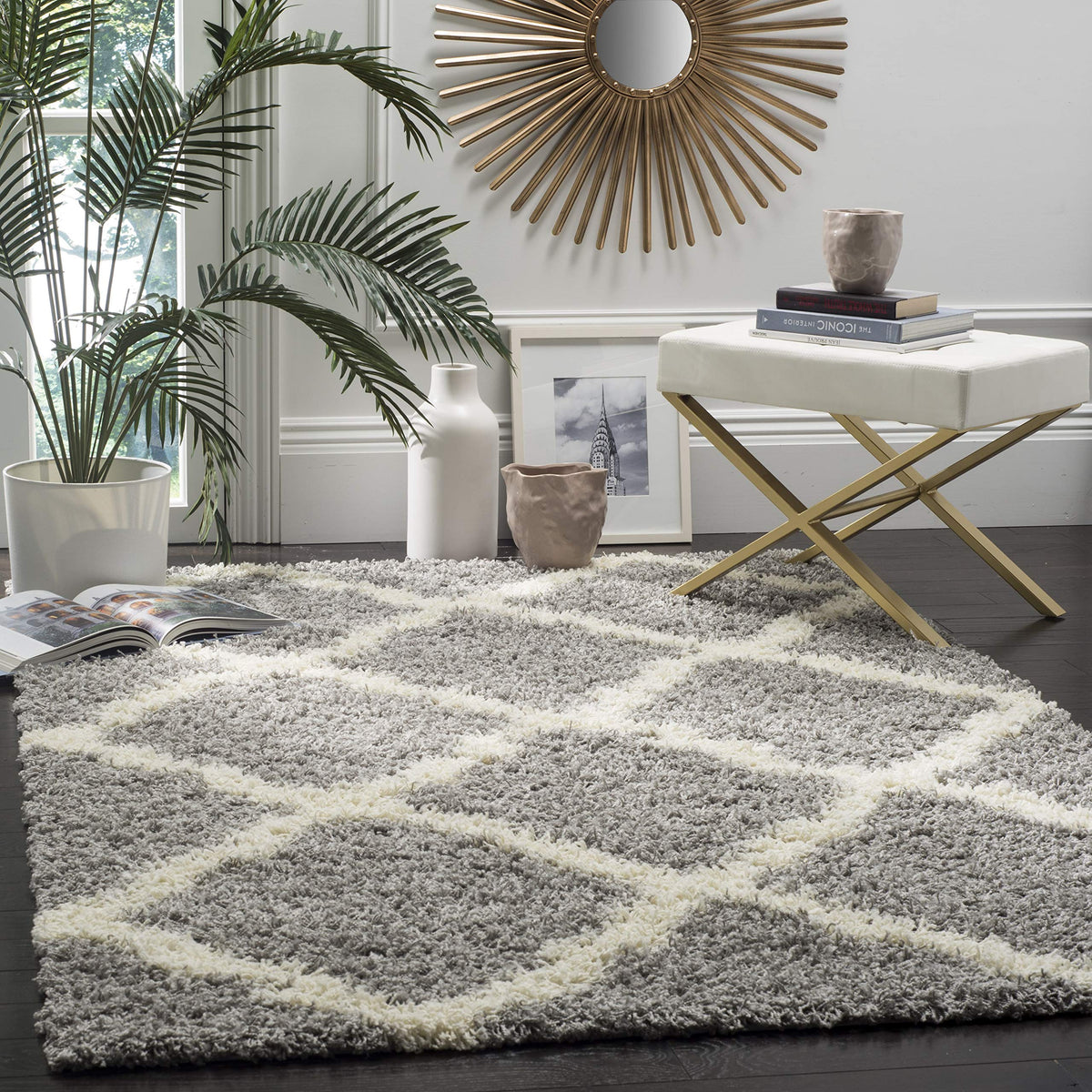 SAFAVIEH Dallas Shag Collection 8' x 10' Beige/Ivory SGD257D Trellis Non-Shedding Living Room Bedroom Dining Room Entryway Plush 1.5-inch Thick Area Rug