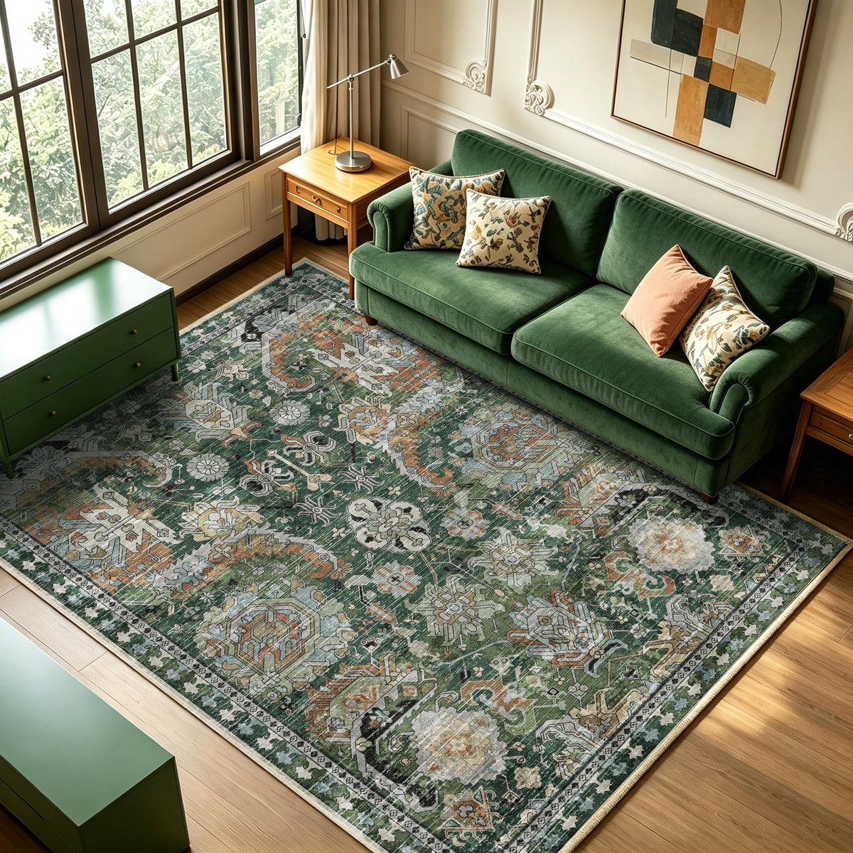 RUGSURE Washable Area Rugs 9' x 12' - 1/6 Thick - Moroccan-Inspired -Stain & Water Resistant Non-Slip - Resistant Rug for Living Room, Bedroom, Nursery, Pet & Child Friendly (Blue and Brown)