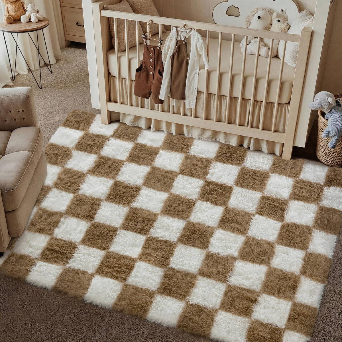 PureCozy Beige 8x10 Area Rug for Living Room Soft Checkered Shag Carpet