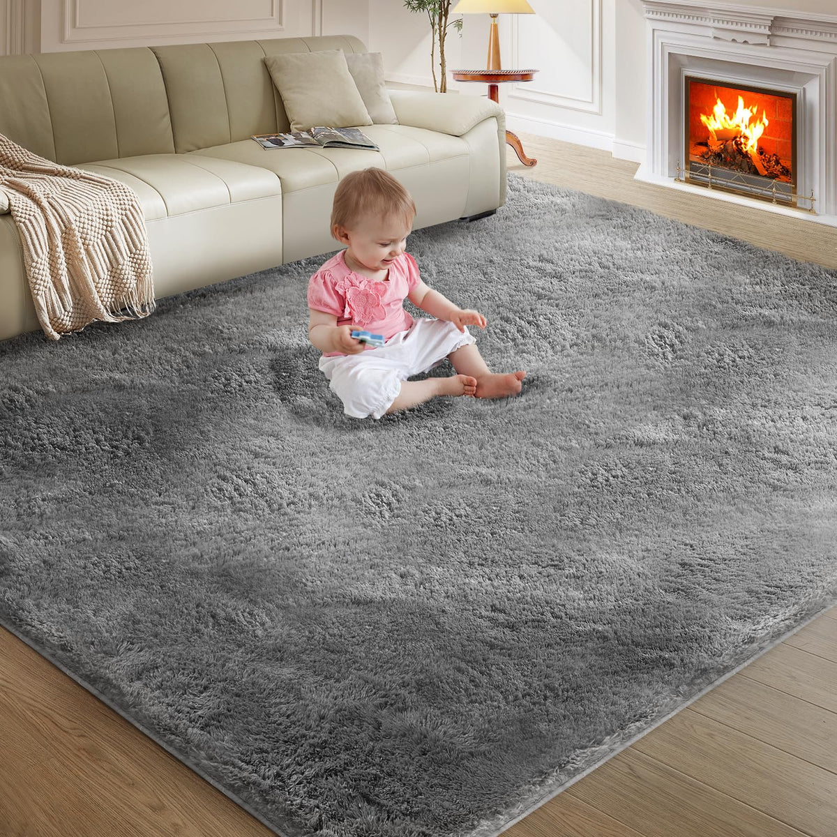 Ultra Soft Rug for Living Room, 8X10 Fluffy Shag Area Rug for Bedroom, Modern Shaggy Carpets Fuzzy Rug for Teens Dorm Nursery Home Decor Aesthetic, Upgrade Anti-Skid Durable, Cream White
