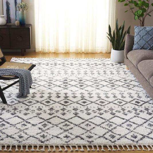 SAFAVIEH Area Rug 8x10 - Berber Fringe Shag Collection - Large - Cream & Dark Grey, Moroccan Design, Non-Shedding & Easy Cleaning, Thick Pile, Ideal for Living Room, Bedroom, Dining Space (BFG516A)