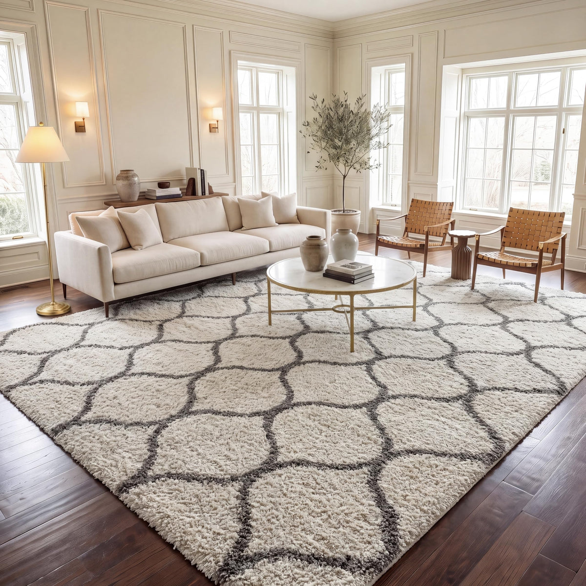 SAFAVIEH Hudson Shag Collection 9' x 12' Grey/Ivory SGH280B Moroccan Ogee Trellis Non-Shedding Living Room Bedroom Dining Room Entryway Plush 2-inch Thick Area Rug