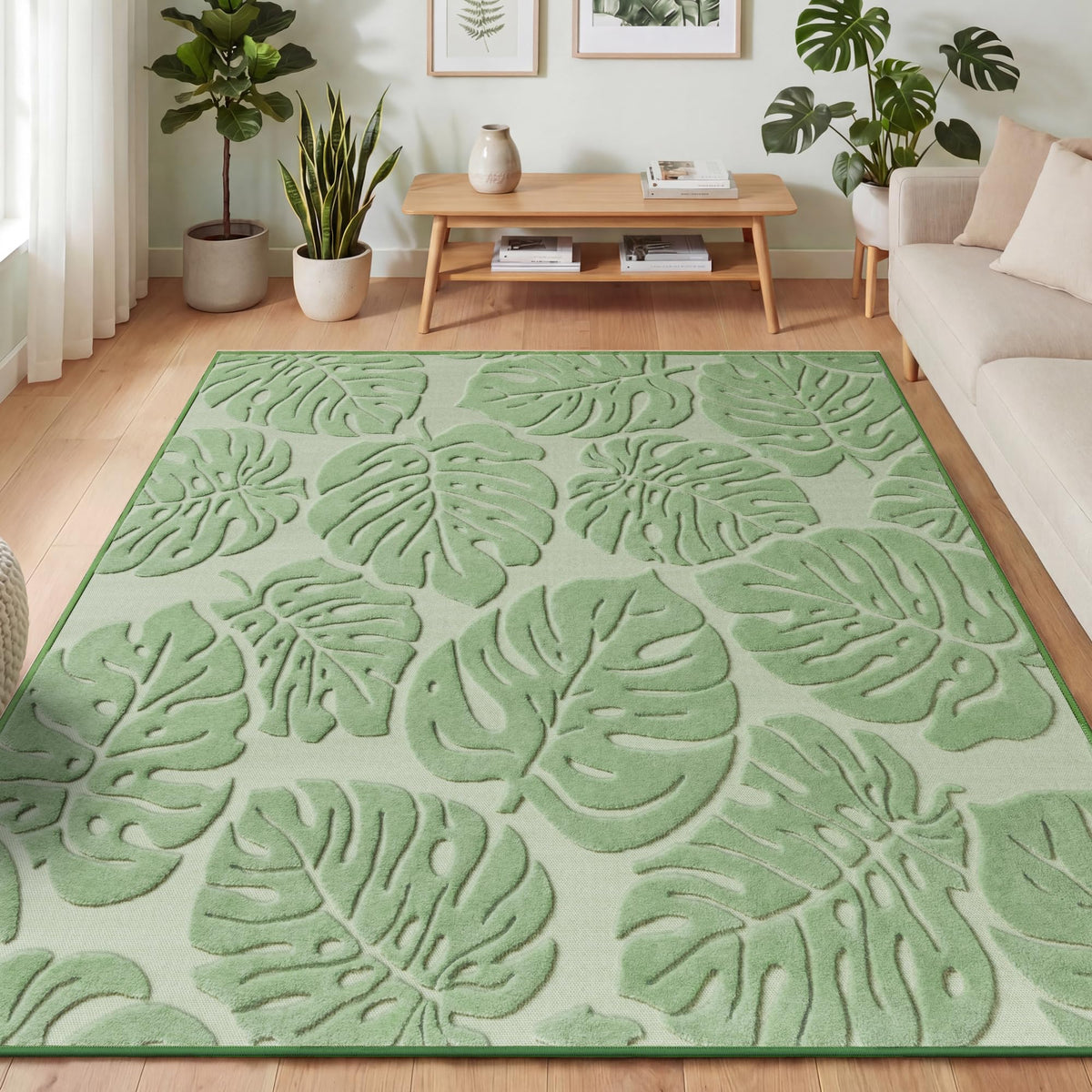 Arenarug Sage Green Monstera 5x7 Area Rugs High-Low Plush Pile Washable