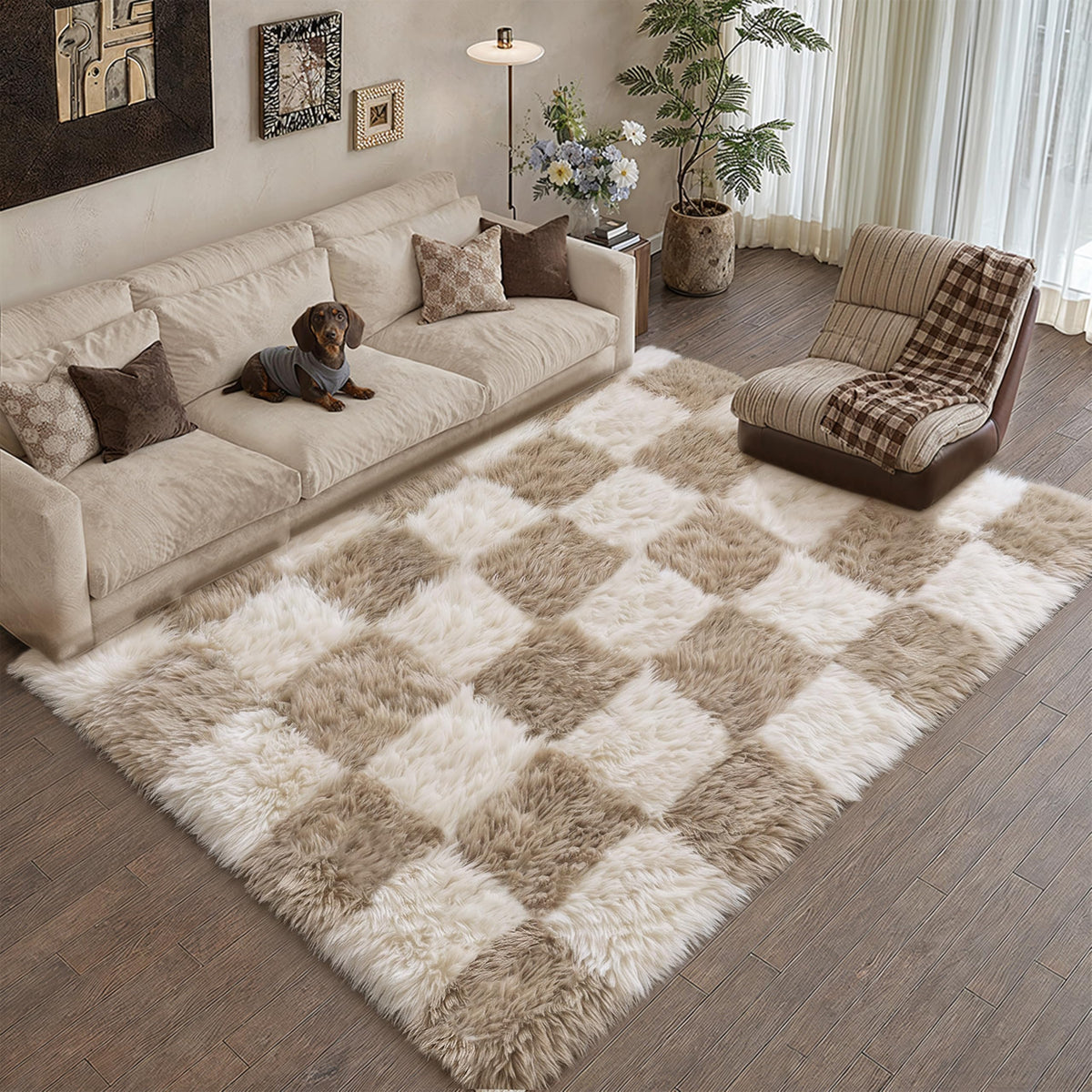 PureCozy Beige 8x10 Area Rug for Living Room Soft Checkered Shag Carpet