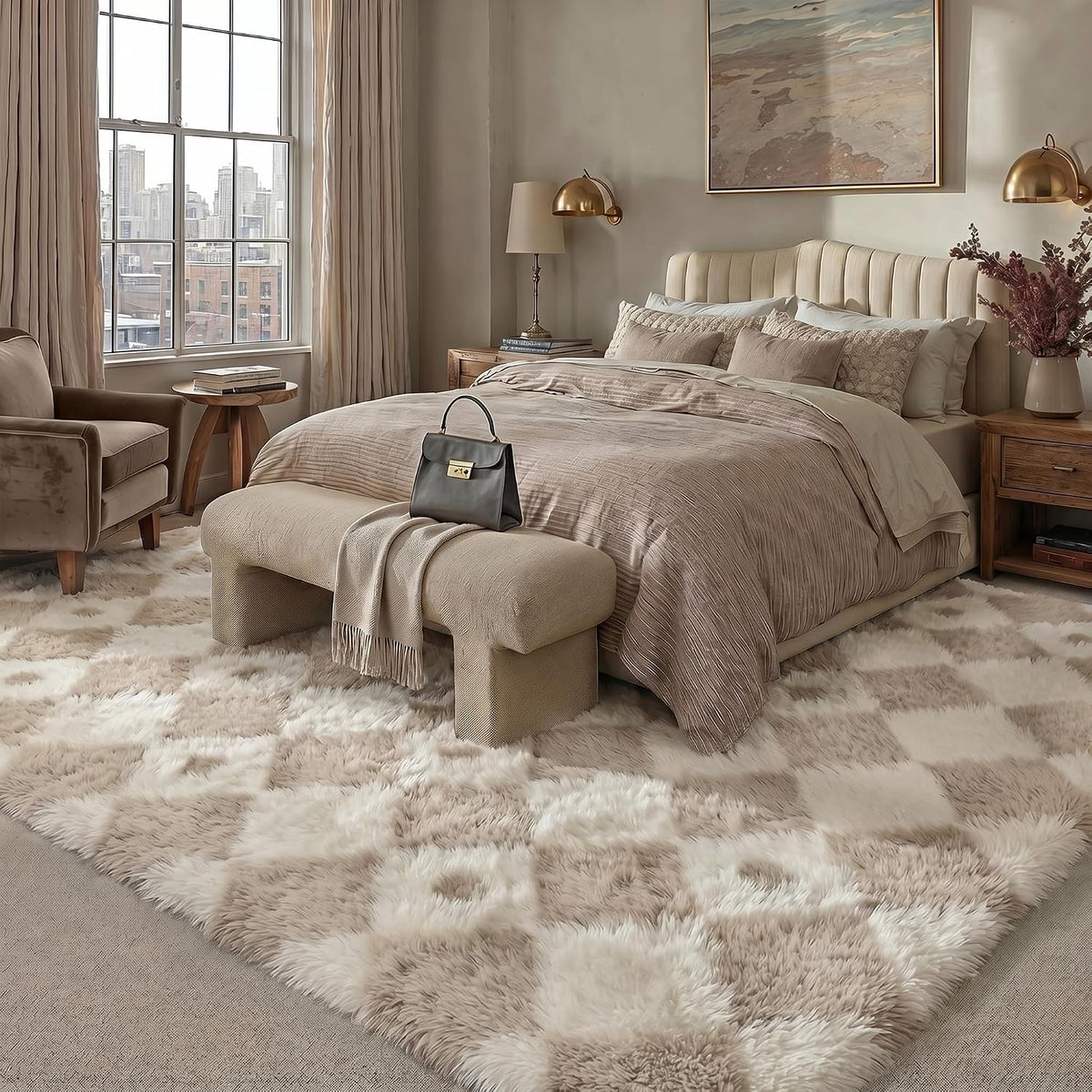PureCozy Beige 8x10 Area Rug for Living Room Soft Checkered Shag Carpet