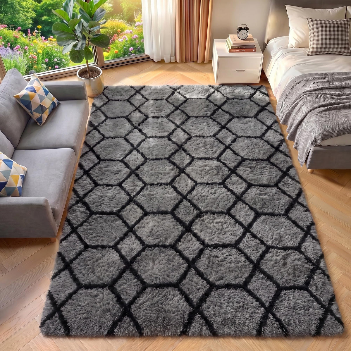 Area Rugs for Living Room Bedroom, 5x8 Fluffy Tie-Dyed Light Grey Shag Rug
