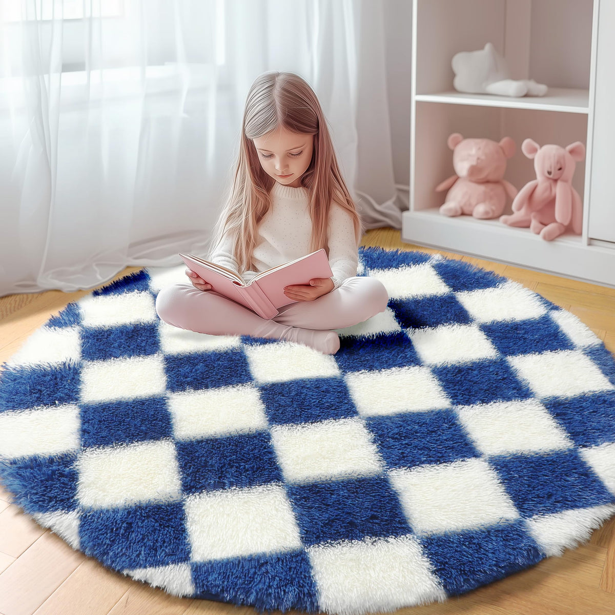 KICMOR Area Rugs 8x10 for Living Room, Large Fluffy Beige and Cream White Checkered Rug Big Fuzzy Shag Shaggy Carpets for Bedroom, Soft Plush Furry Rug for Boy Girls Room Dorm Home Decor Aesthetic