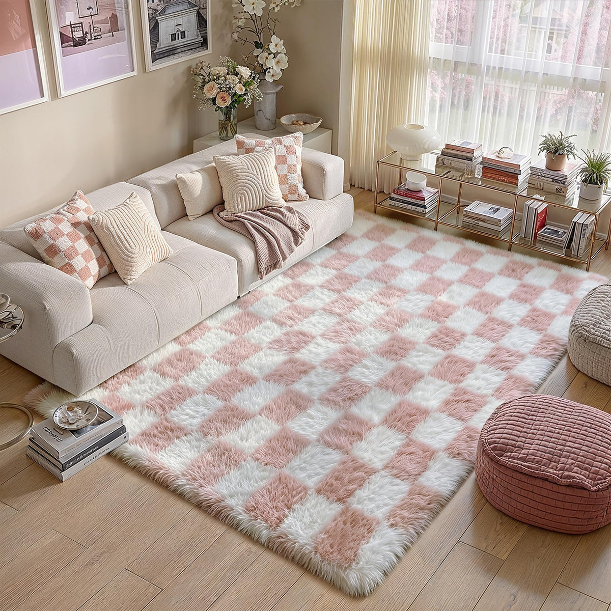 PureCozy Beige 8x10 Area Rug for Living Room Soft Checkered Shag Carpet