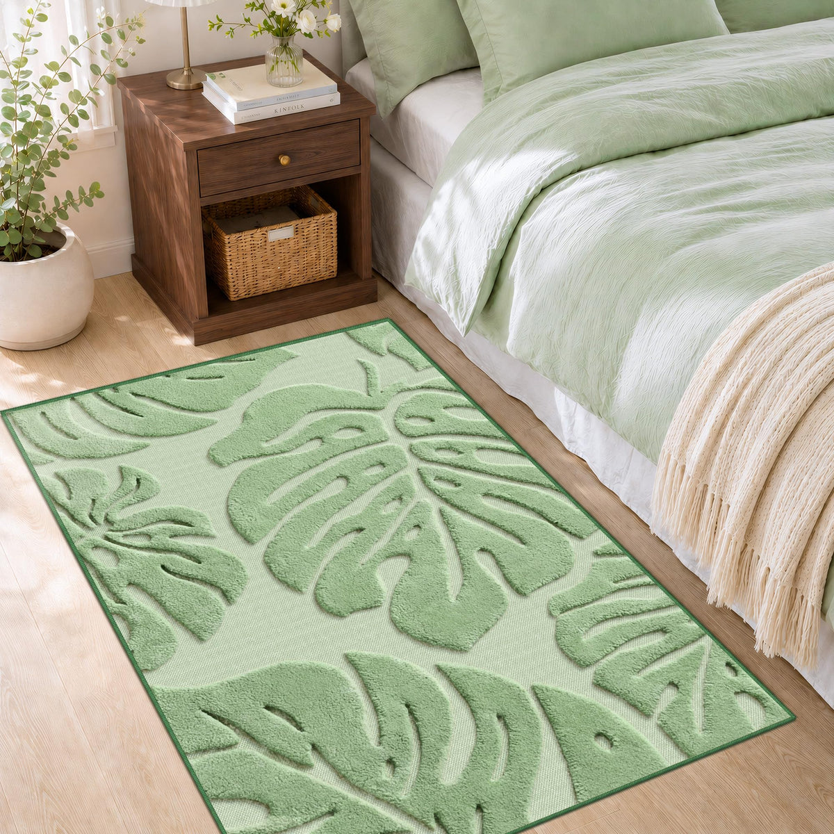 Arenarug Sage Green Monstera 5x7 Area Rugs High-Low Plush Pile Washable