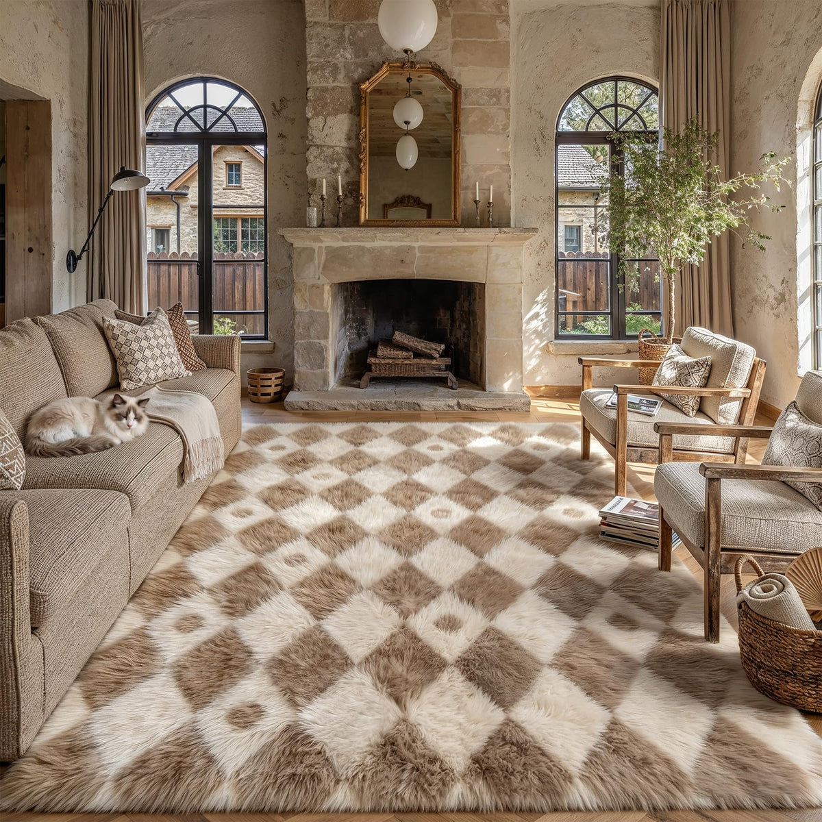 PureCozy Beige 8x10 Area Rug for Living Room Soft Checkered Shag Carpet