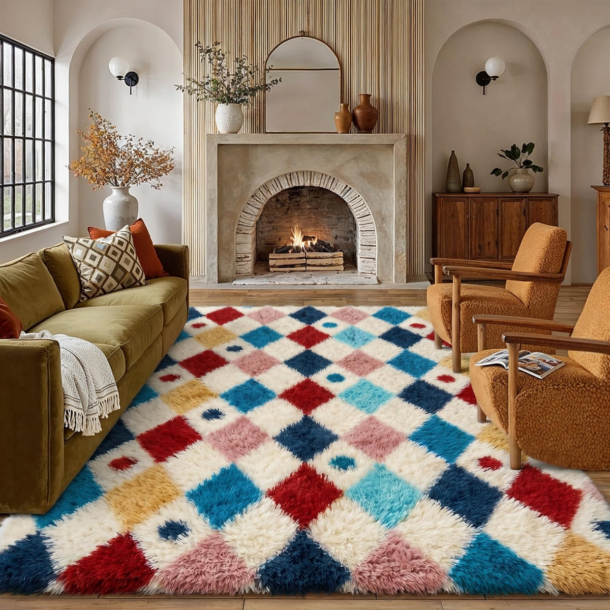 PureCozy Beige 8x10 Area Rug for Living Room Soft Checkered Shag Carpet