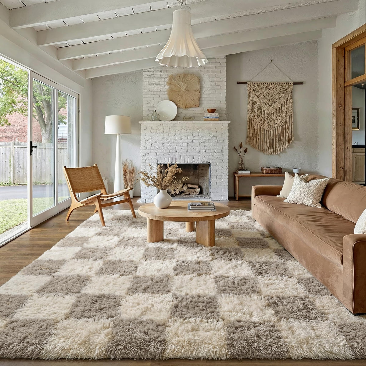 PureCozy Beige 8x10 Area Rug for Living Room Soft Checkered Shag Carpet
