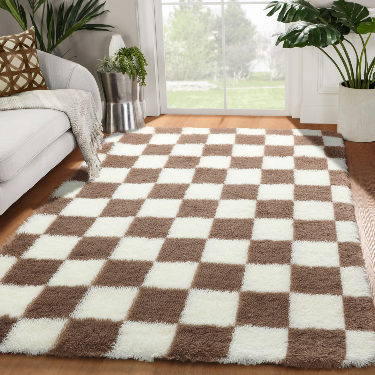KICMOR Area Rugs 8x10 for Living Room, Large Fluffy Beige and Cream White Checkered Rug Big Fuzzy Shag Shaggy Carpets for Bedroom, Soft Plush Furry Rug for Boy Girls Room Dorm Home Decor Aesthetic