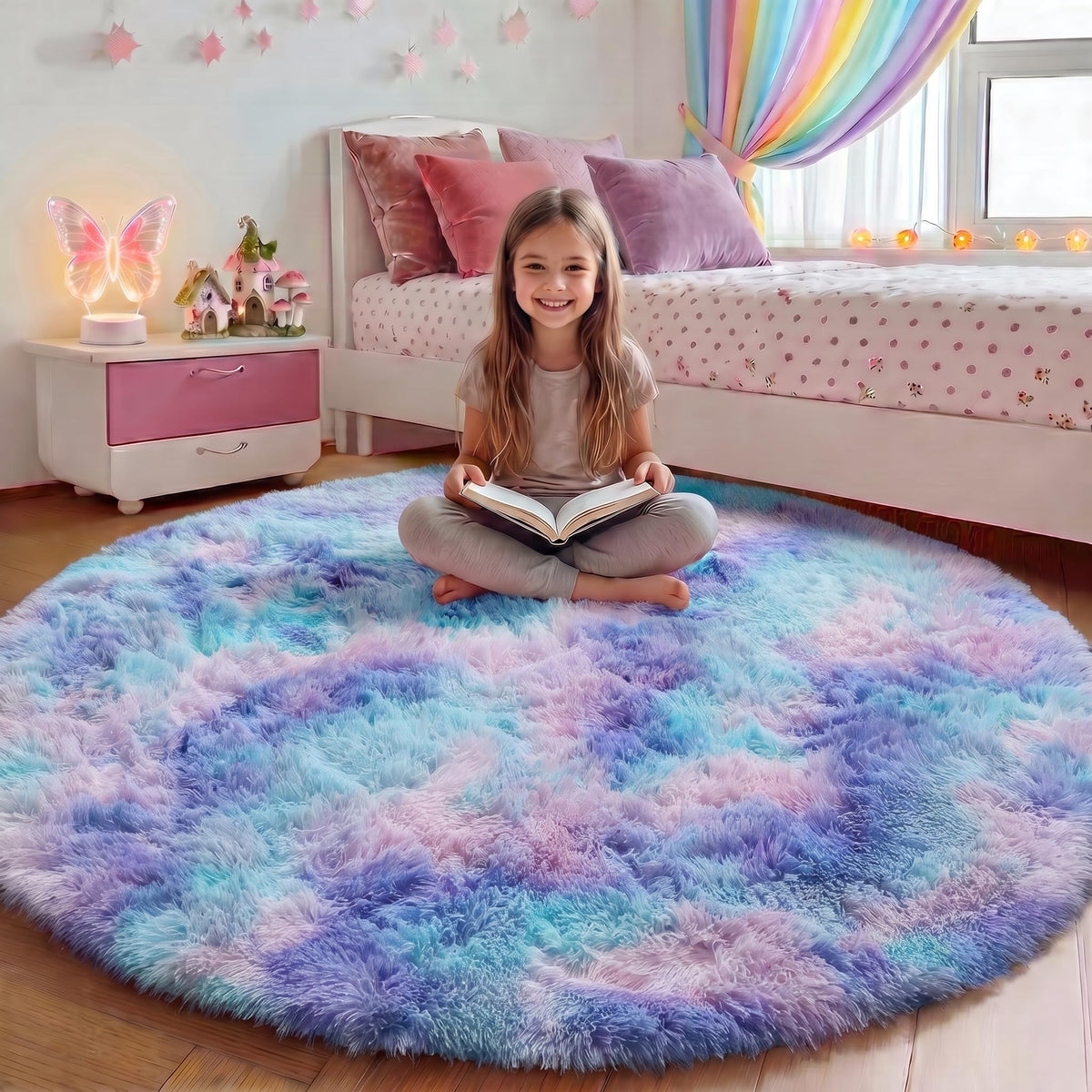 Area Rugs for Living Room Bedroom, 5x8 Fluffy Tie-Dyed Light Grey Shag Rug