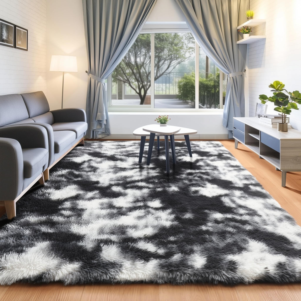 Area Rugs for Living Room Bedroom, 5x8 Fluffy Tie-Dyed Light Grey Shag Rug