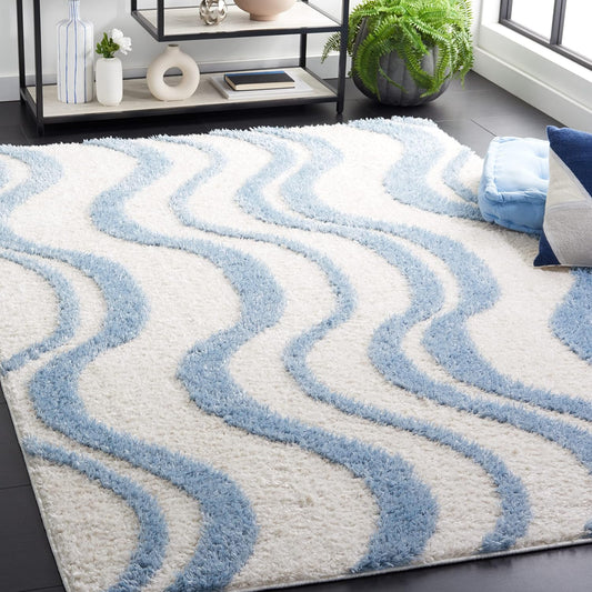 SAFAVIEH Norway Shag Collection Area Rug - 5'3" x 7'6", Blue & Ivory, Wave Design, Non-Shedding & Easy Care, 1.2-inch Thick Ideal for High Traffic Areas in Living Room, Bedroom (NOR210M)
