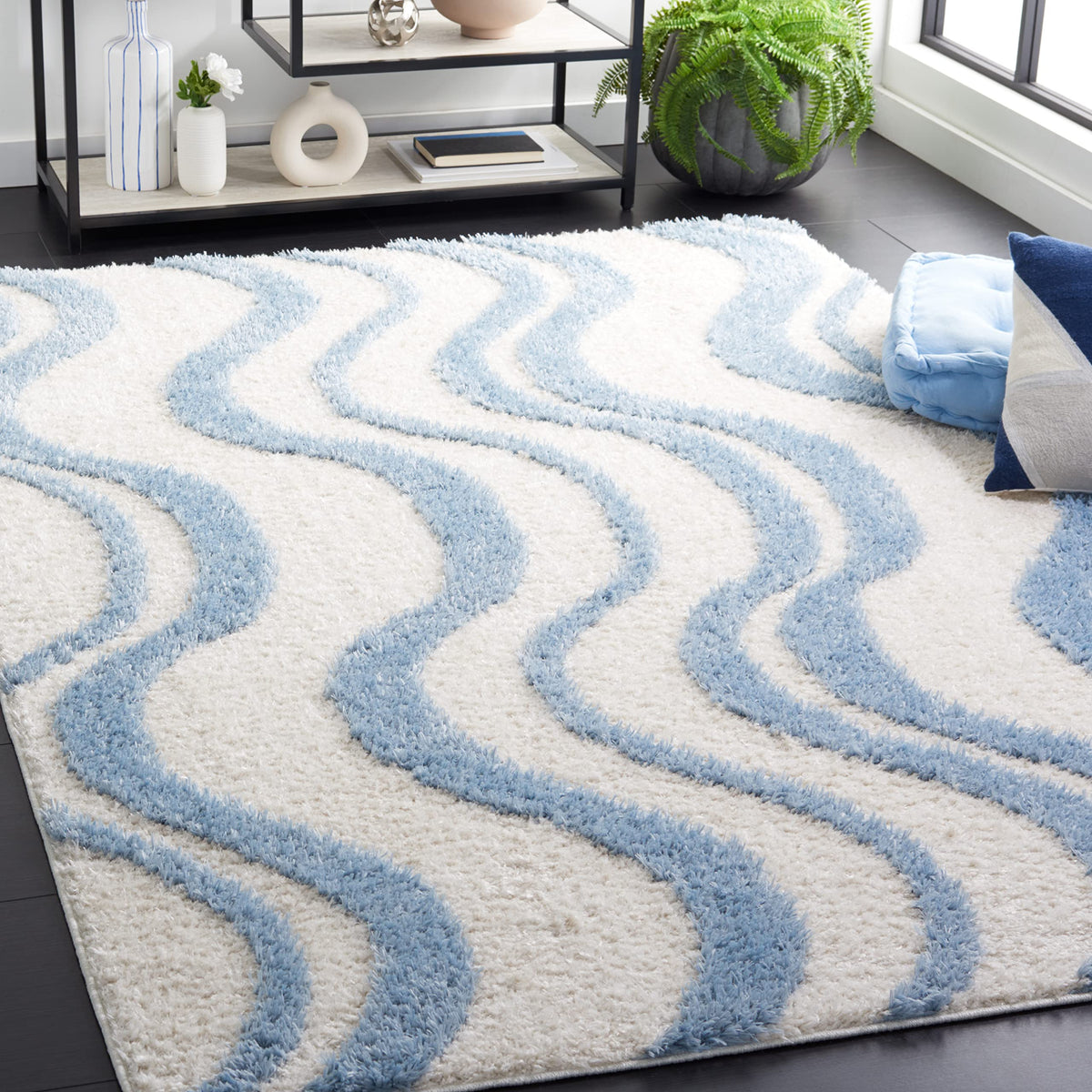 SAFAVIEH Norway Shag Collection Area Rug - 5'3" x 7'6", Blue & Ivory, Wave Design, Non-Shedding & Easy Care, 1.2-inch Thick Ideal for High Traffic Areas in Living Room, Bedroom (NOR210M)