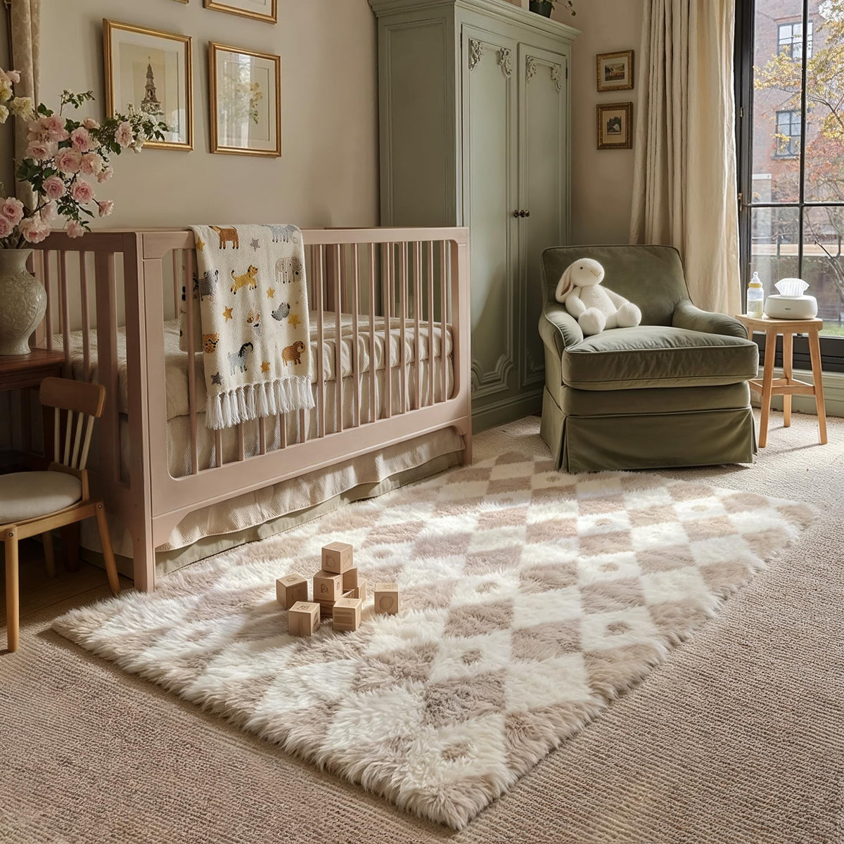 PureCozy Beige 8x10 Area Rug for Living Room Soft Checkered Shag Carpet