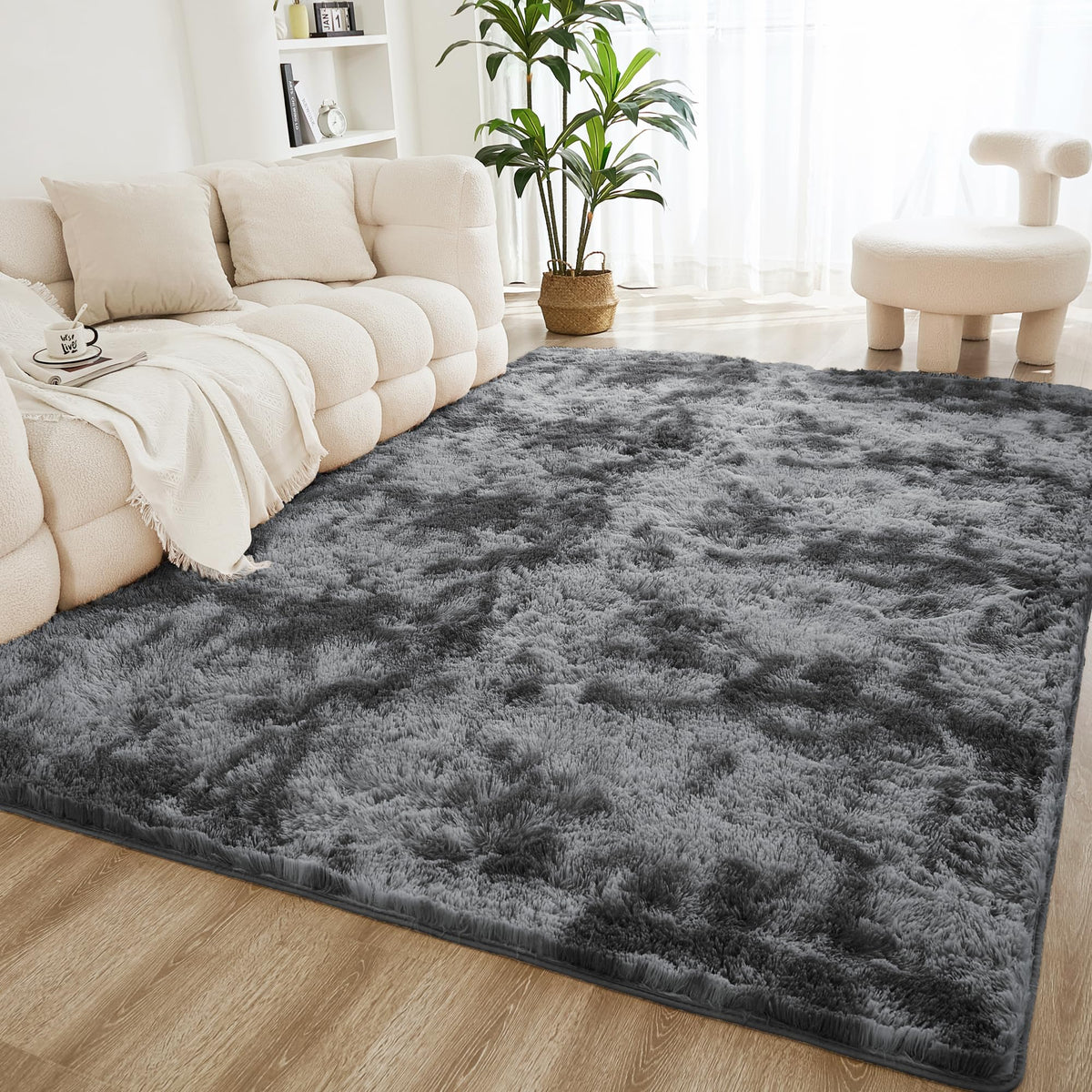 Litanika 5x8 Shag Area Rug for Bedroom, Tie-Dyed Beige Plush Rug