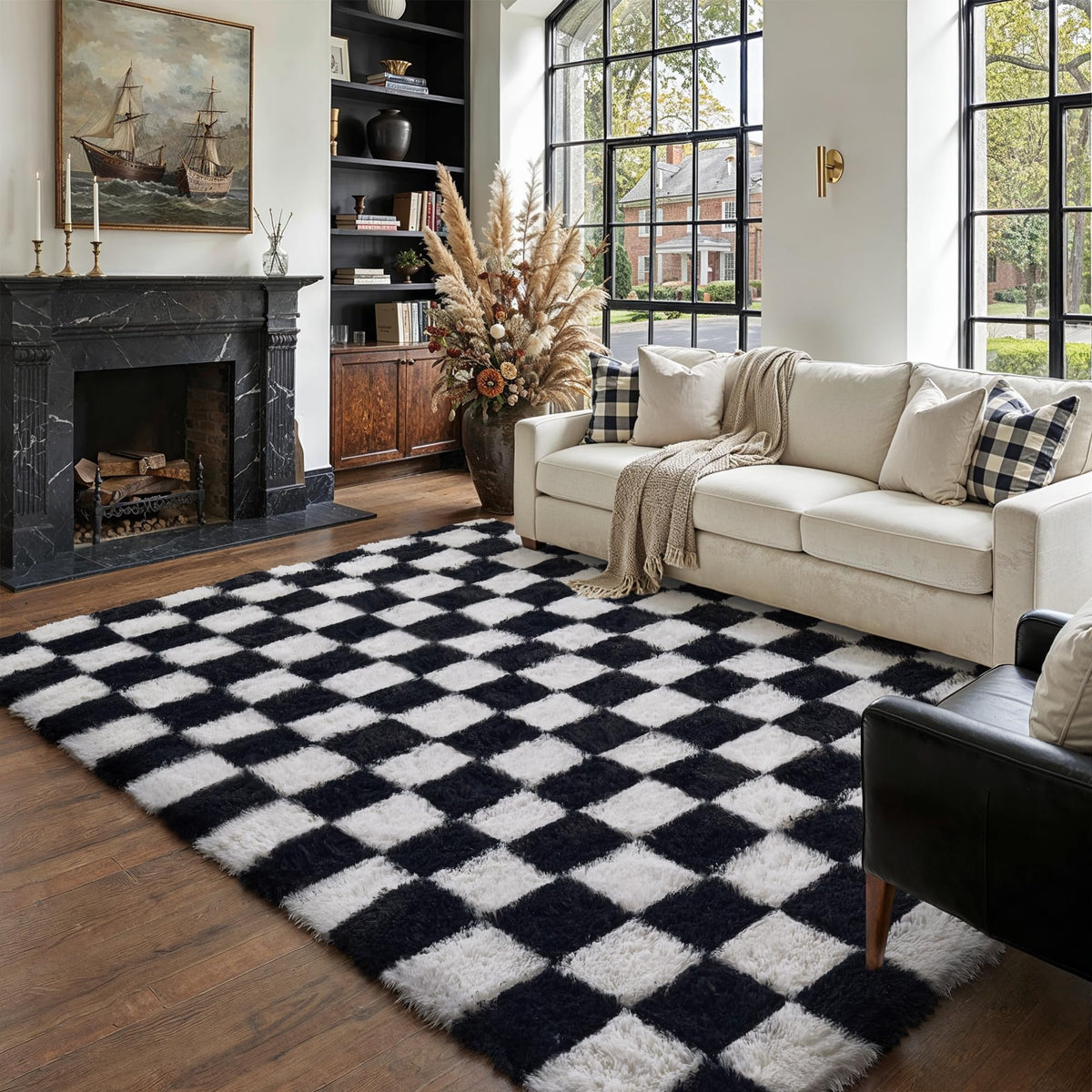 PureCozy Beige 8x10 Area Rug for Living Room Soft Checkered Shag Carpet