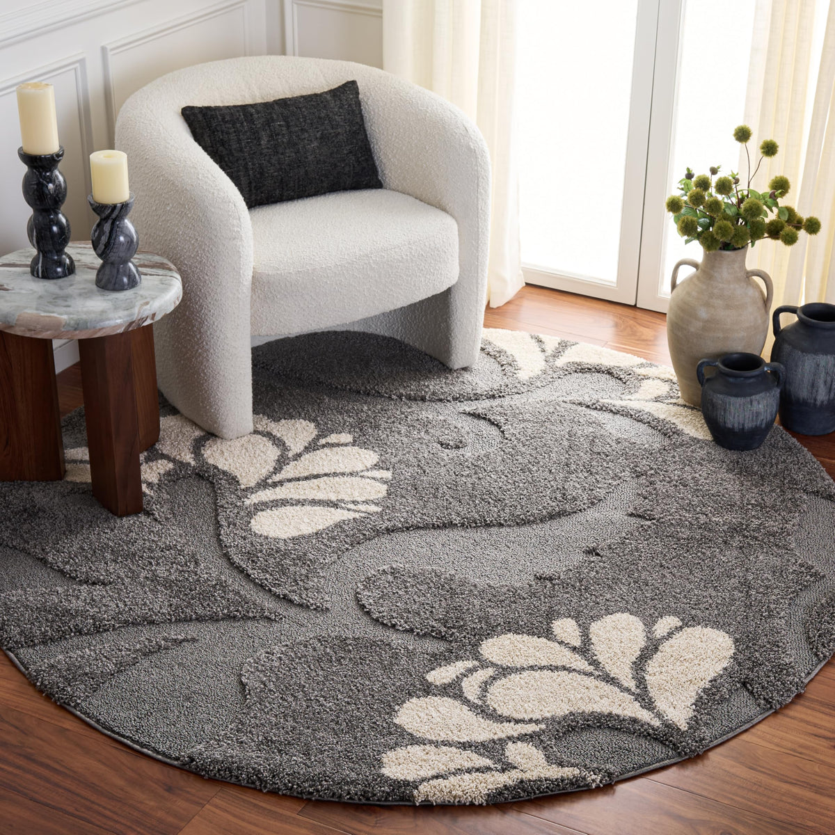 SAFAVIEH Area Rug 8x10 - Florida Shag Collection - Large - Smoke & Beige, Floral Design, Non-Shedding & Easy Cleaning, Plush Thick Pile, Ideal for Living Room, Bedroom, Dining Space (SG459-7913)