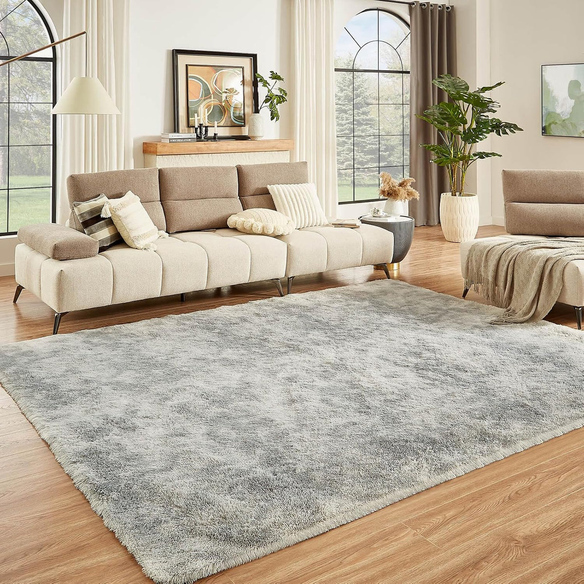 Floralux Rugs for Living Room, 6x9 Large Shag Area Rug, Tie-Dyed Light Grey Soft Fluffy Carpets for Bedroom
