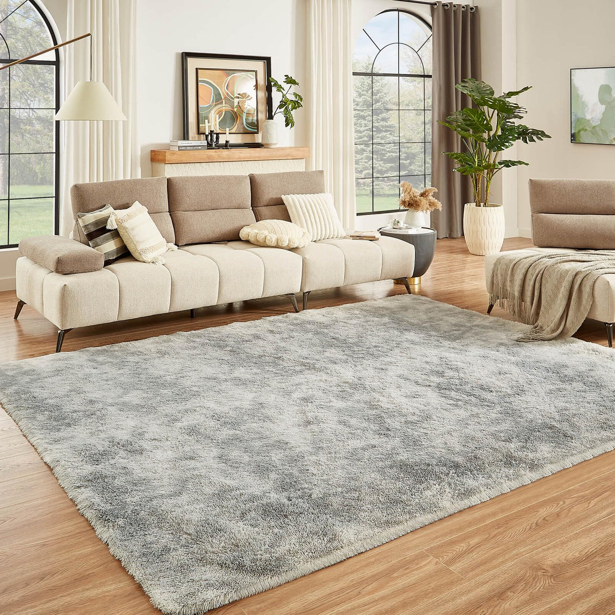 Floralux Rugs for Living Room, 6x9 Large Shag Area Rug, Tie-Dyed Light Grey Soft Fluffy Carpets for Bedroom