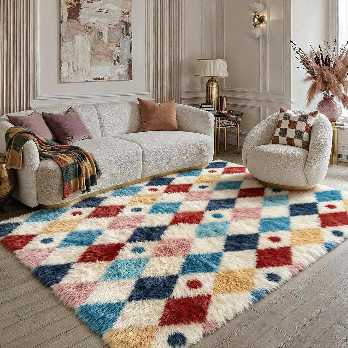 PureCozy Beige 8x10 Area Rug for Living Room Soft Checkered Shag Carpet